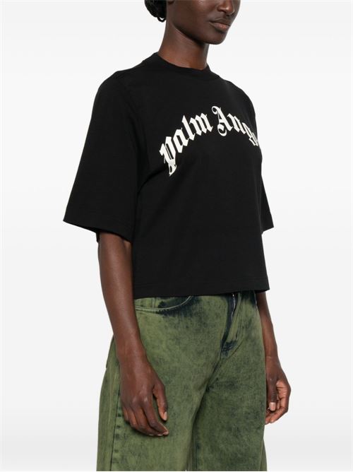 T-shirt cropped Palm Angels da donna nera con maxi logo bianco curvo PALM ANGELS | PAWAA003JR0011003